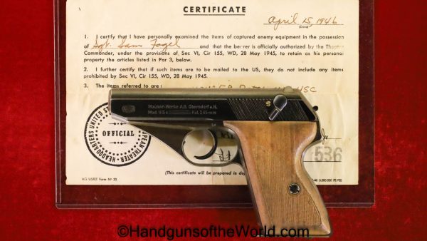 Mauser, HSc, 7.65mm, Late War, with Capture Paper, German, Germany, Handgun, Pistol, C&R, Collectible, Pocket, WWII, WW2, 7.65, 32, .32, acp, auto