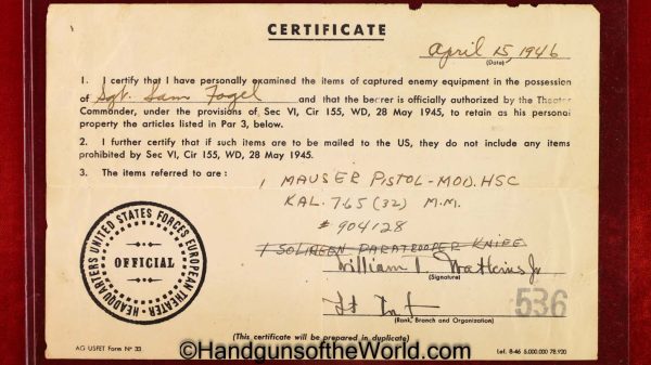 Mauser, HSc, 7.65mm, Late War, with Capture Paper, German, Germany, Handgun, Pistol, C&R, Collectible, Pocket, WWII, WW2, 7.65, 32, .32, acp, auto