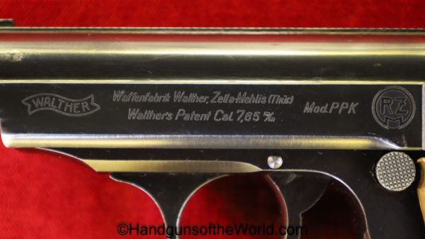 Walther, PPk, 7.65mm, RZM, Slide Logo, German, Germany, Handgun, Pistol, C&R, Collectible, Pocket, 1935, WWII, WW2, NSDAP, 32, .32, acp, auto, 7.65