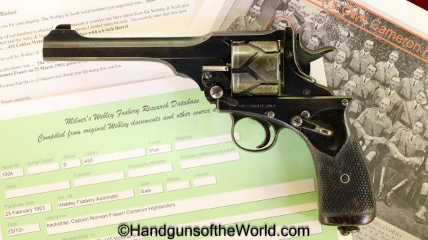 Webley, 1901, Fosbery, .455, Inscribed, with WWI KIA Provenance, with Provenance, Handgun, Revolver, C&R, Collectible, 455, English, British, UK, WWI, WW1