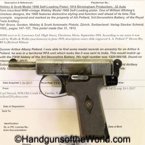 Webley, 1908, 7.65mm, Inscribed, with Provenance, Model, 7.65, 32, .32, acp, auto, Handgun, Pistol, C&R, Collectible, British, English, UK, WWI, WW1