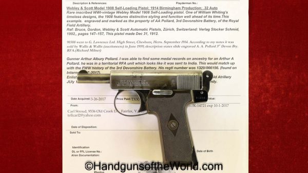 Webley, 1908, 7.65mm, Inscribed, with Provenance, Model, 7.65, 32, .32, acp, auto, Handgun, Pistol, C&R, Collectible, British, English, UK, WWI, WW1