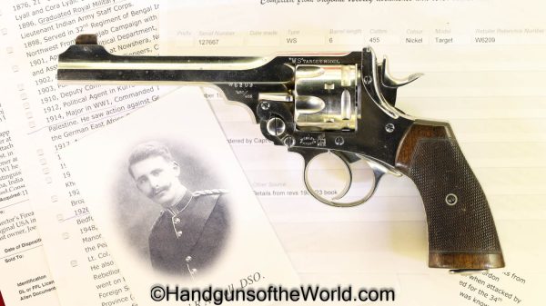 Webley, WS, Target Model, .450, .455, Inscribed, with Provenance, Handgun, Revolver, C&R, Collectible, British, English, Factory Nickel, Nickel, 455