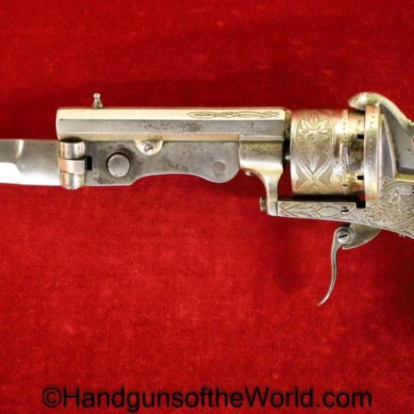 Belgian, Pinfire, Revolver, 7mm, Folding Bayonet, Bayonet, 7, Belgium, Handgun, Antique, Non-FFL, Non FFL, Collectible, Engraved, Factory Engraved, Knife