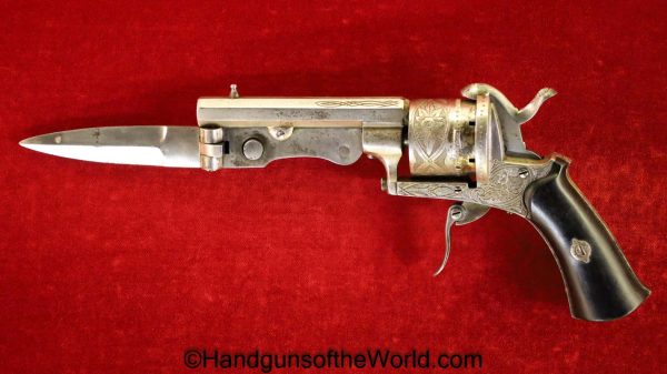 Belgian, Pinfire, Revolver, 7mm, Folding Bayonet, Bayonet, 7, Belgium, Handgun, Antique, Non-FFL, Non FFL, Collectible, Engraved, Factory Engraved, Knife