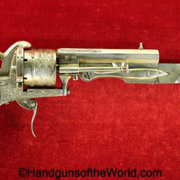 Belgian, Pinfire, Revolver, 7mm, Folding Bayonet, Bayonet, 7, Belgium, Handgun, Antique, Non-FFL, Non FFL, Collectible, Engraved, Factory Engraved, Knife