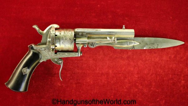 Belgian, Pinfire, Revolver, 7mm, Folding Bayonet, Bayonet, 7, Belgium, Handgun, Antique, Non-FFL, Non FFL, Collectible, Engraved, Factory Engraved, Knife