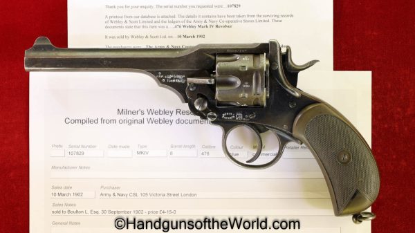 Webley, Mark IV, Service Revolver, .455, 6" Barrel, with Provenance, Mark 4, Handgun, Revolver, C&R, Collectible, 1902, 455, British, English, 6", Mk4, MkIV