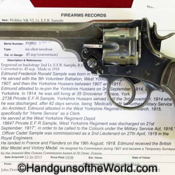 Webley, Mark VI, Service Revolver, .45acp, Inscribed, with Provenance, Handgun, Revolver, C&R, Collectible, Mark 6, 45, British, English, 1918, WWI, WW1