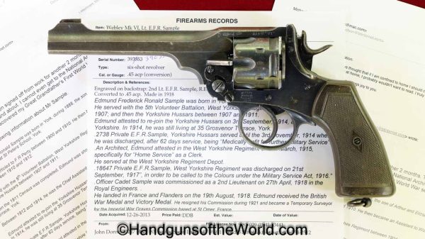 Webley, Mark VI, Service Revolver, .45acp, Inscribed, with Provenance, Handgun, Revolver, C&R, Collectible, Mark 6, 45, British, English, 1918, WWI, WW1