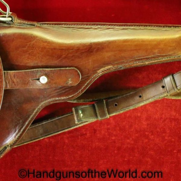 Luger, 1900, Swiss, Holster, Dated, 1902, brown, leather, Steinmann J. Sattler-Zurich, 02, single belt loop, with shoulder straps, Original, Collectible