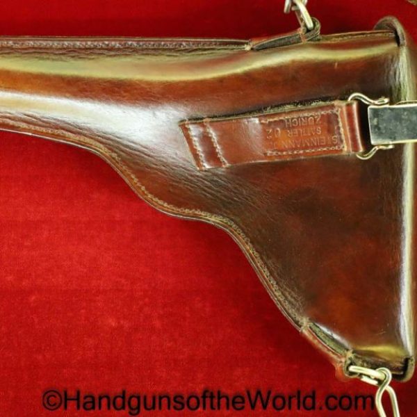 Luger, 1900, Swiss, Holster, Dated, 1902, brown, leather, Steinmann J. Sattler-Zurich, 02, single belt loop, with shoulder straps, Original, Collectible