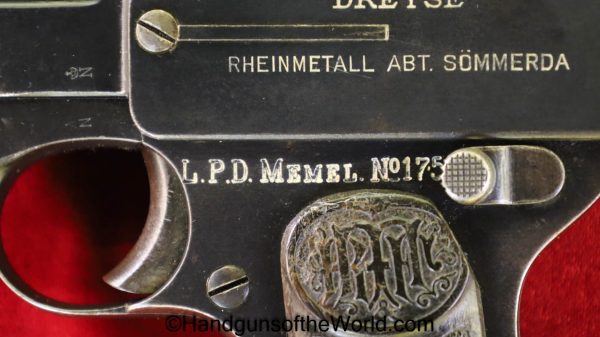 Dreyse, 1907, 7.65mm, Police Marked, L.P.D Memel, Memel, German, Germany, Handgun, Pistol, C&R, Collectible, Pocket, 7.65, 32, .32, acp, auto, Police