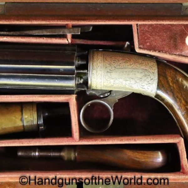 J.R. Cooper, Under Hammer, Pepperbox, 10mm, with Case, Superb, British, English, Handgun, Revolver, Collectible, Antique, Cooper, Underhammer, Pepper Box