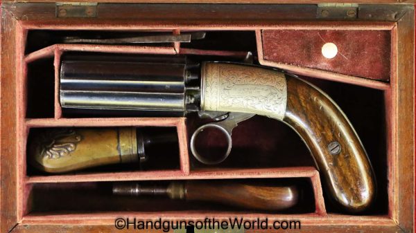 J.R. Cooper, Under Hammer, Pepperbox, 10mm, with Case, Superb, British, English, Handgun, Revolver, Collectible, Antique, Cooper, Underhammer, Pepper Box