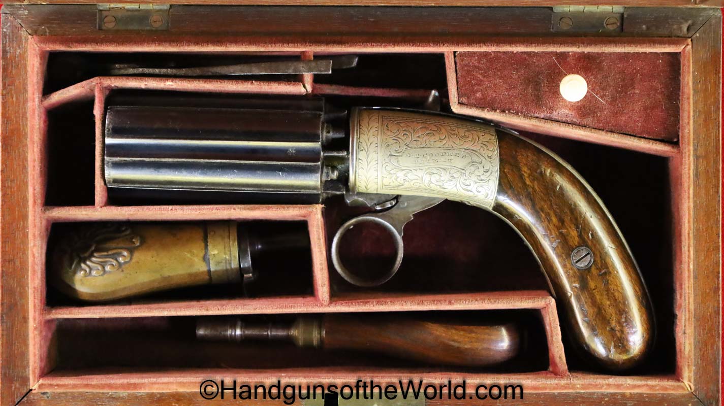 J.R. Cooper, Under Hammer, Pepperbox, 10mm, with Case, Superb, British, English, Handgun, Revolver, Collectible, Antique, Cooper, Underhammer, Pepper Box