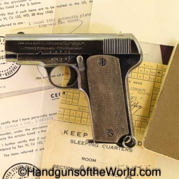 Bestegui Hermanos, Model 1914, 7.65mm, with Capture Paper, with Diary, WWII, WW2, Spain, Spanish, Handgun, Pistol, C&R, Collectible, Capture Paper, 32, .32