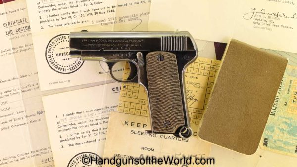 Bestegui Hermanos, Model 1914, 7.65mm, with Capture Paper, with Diary, WWII, WW2, Spain, Spanish, Handgun, Pistol, C&R, Collectible, Capture Paper, 32, .32