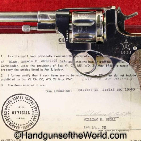 Russian, 1895, Nagant, Revolver, 7.62mm, Dated, 1931, with Capture Paper, Russia, Soviet, Soviet Union, WWII, WW2, Capture Paper, Handgun, C&R, Collectible