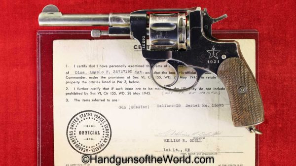 Russian, 1895, Nagant, Revolver, 7.62mm, Dated, 1931, with Capture Paper, Russia, Soviet, Soviet Union, WWII, WW2, Capture Paper, Handgun, C&R, Collectible