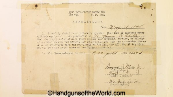 Walther, Mauser, P.38, AC 43, 9mm, FN Slide, with Capture Paper, FN, Slide, German, Germany, WWII, WW2, Handgun, Pistol, C&R, Collectible, 1943, 43, ac