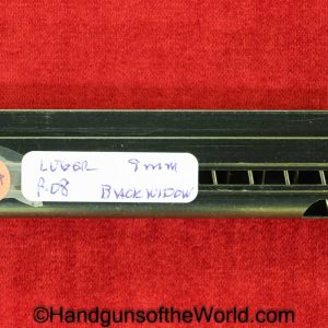 Original German Luger P.08, 9mm Pistol Magazine. Black Bakelite base with FXO-P.08-E37 on the side. About 90% blue remains.