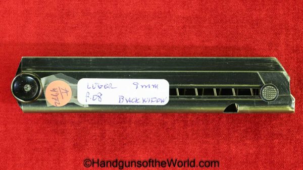 Original German Luger P.08, 9mm Pistol Magazine. Black Bakelite base with FXO-P.08-E37 on the side. About 90% blue remains.