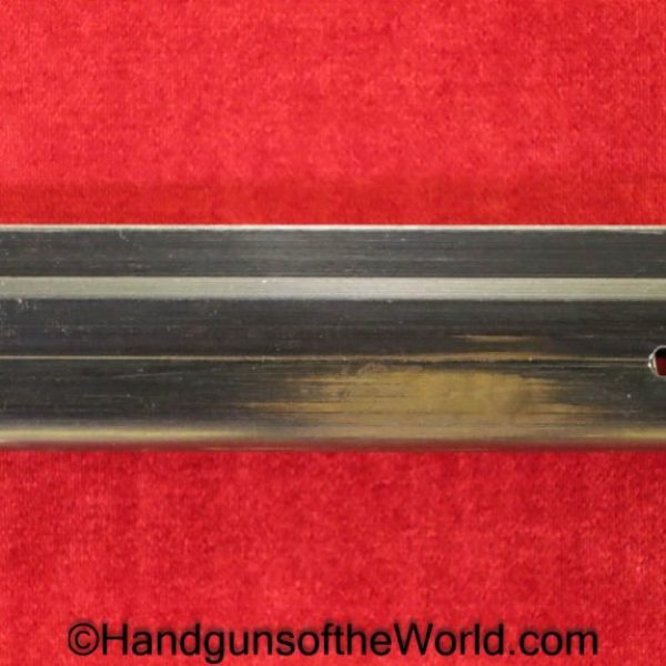 Original German Luger P.08, 9mm Pistol Magazine. Black Bakelite base with FXO-P.08-E37 on the side. About 90% blue remains.