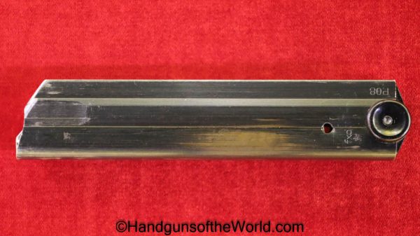 Original German Luger P.08, 9mm Pistol Magazine. Black Bakelite base with FXO-P.08-E37 on the side. About 90% blue remains.