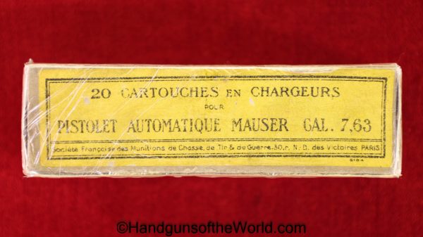 Mauser, 1896, C96, 7.63mm, French Made, Ammo, French, France, Manufrance, Ammunition, Original, Collectible, 7.63, Boxed, with Box, Broomhandle