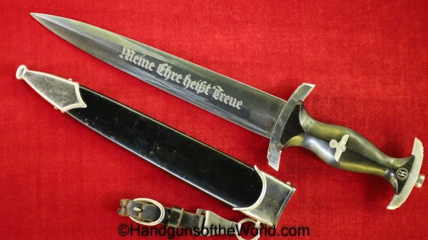 German, 1938, SS, Dagger, Gustav Spitzer, with Hanger, Original, Collectible, Germany, WWII, WW2, Knife, NSDAP, Blade, Rare, RZM, Black, Scabbard