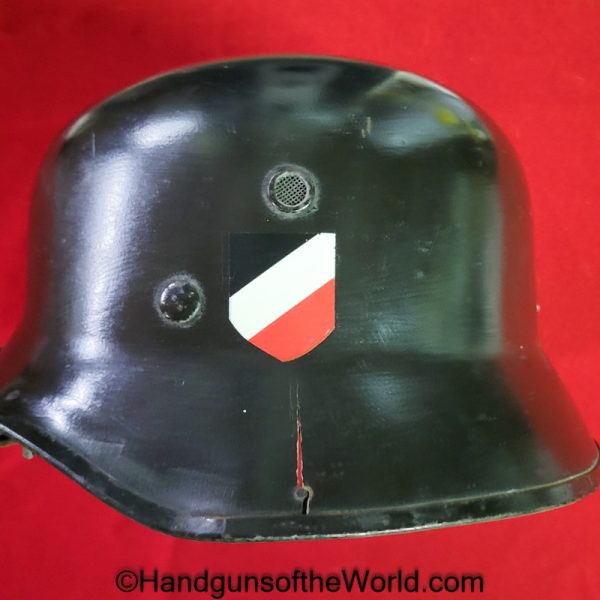 German, Fire, Police, Helmet, WWII, WW2, Original, Collectible, Fireman, Policeman, Germany, Double Decal, Black, Paint, Aluminum, Man, Men