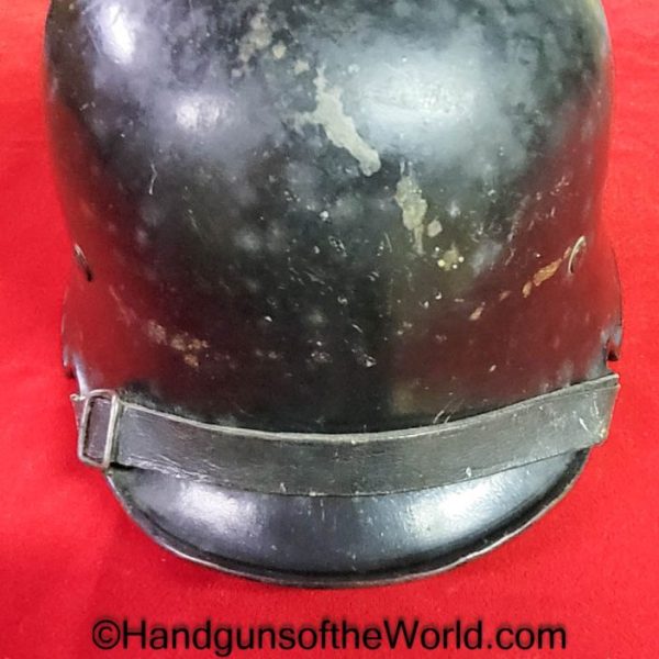 German, M1934, Fire/Police, Helmet, WWII, era, painted, black, steel, canted decal, Original, Collectible, WW2, Germany, 1934, Model, Fire, Police, Man, Men