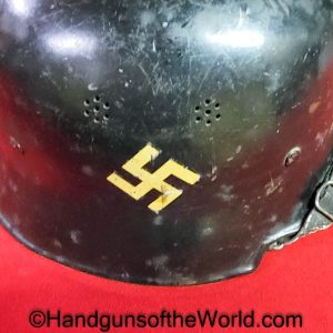German, M1934, Fire/Police, Helmet, WWII, era, painted, black, steel, canted decal, Original, Collectible, WW2, Germany, 1934, Model, Fire, Police, Man, Men