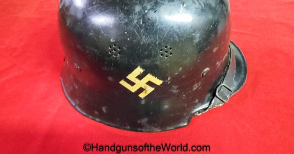 German, M1934, Fire/Police, Helmet, WWII, era, painted, black, steel, canted decal, Original, Collectible, WW2, Germany, 1934, Model, Fire, Police, Man, Men