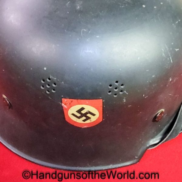 German, Fire, Police, Helmet, WWII, WW2, Original, Collectible, Fireman, Policeman, Germany, Double Decal, Green, Paint, Steel, Man, Men, M1934, 1934