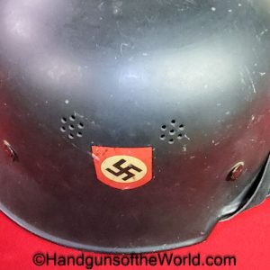 German, Fire, Police, Helmet, WWII, WW2, Original, Collectible, Fireman, Policeman, Germany, Double Decal, Green, Paint, Steel, Man, Men, M1934, 1934