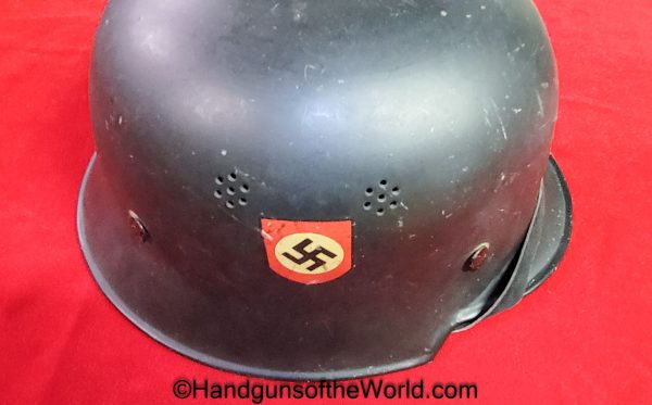 German, Fire, Police, Helmet, WWII, WW2, Original, Collectible, Fireman, Policeman, Germany, Double Decal, Green, Paint, Steel, Man, Men, M1934, 1934