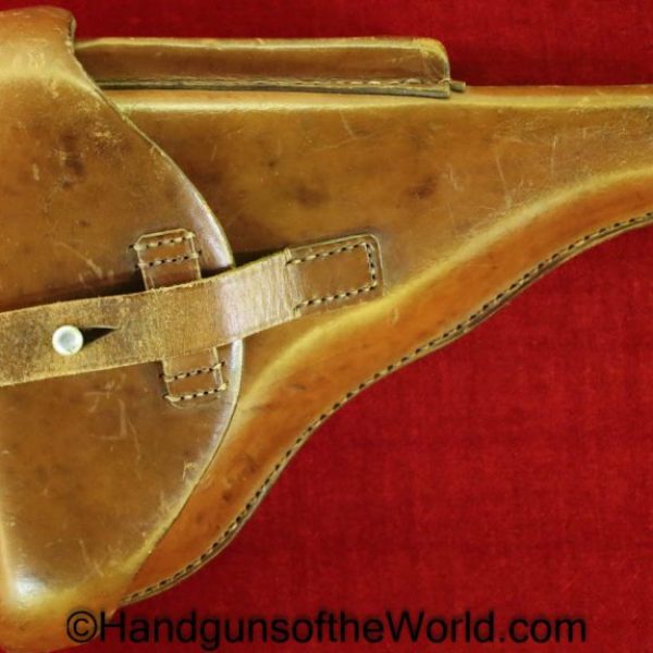 Luger, P.08, Holster, Police, Pattern, Dated, 1938, brown, leather, hard shell, H. Eger & Linde Seligenthal/TH, Eagle B, E/B, Original, Collectible, WWII