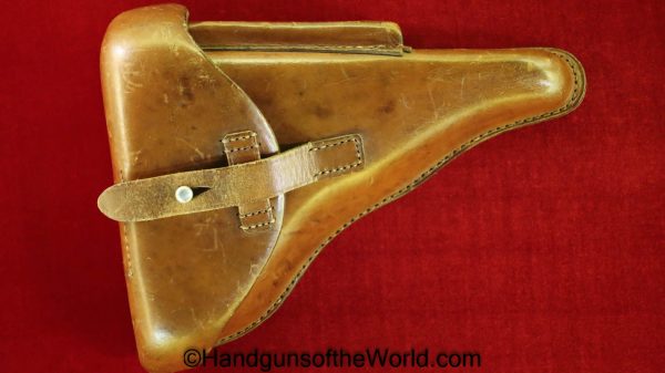 Luger, P.08, Holster, Police, Pattern, Dated, 1938, brown, leather, hard shell, H. Eger & Linde Seligenthal/TH, Eagle B, E/B, Original, Collectible, WWII