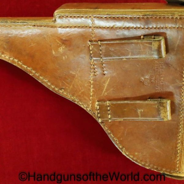 Luger, P.08, Holster, Police, Pattern, Dated, 1938, brown, leather, hard shell, H. Eger & Linde Seligenthal/TH, Eagle B, E/B, Original, Collectible, WWII
