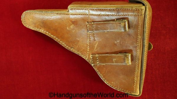 Luger, P.08, Holster, Police, Pattern, Dated, 1938, brown, leather, hard shell, H. Eger & Linde Seligenthal/TH, Eagle B, E/B, Original, Collectible, WWII