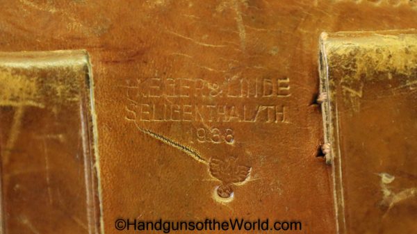 Luger, P.08, Holster, Police, Pattern, Dated, 1938, brown, leather, hard shell, H. Eger & Linde Seligenthal/TH, Eagle B, E/B, Original, Collectible, WWII