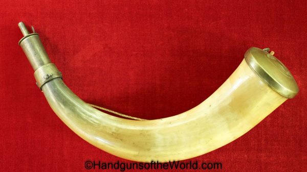Powder, Horn, Brass, Engraved, End Cap, Original, Collectible, English, British, England, Britain, Old, Vintage, Real, Blackpowder, Black powder, BP