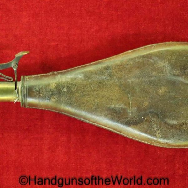 Powder Flask, smooth, brown, leather, brass measure, Brass, Original, Collectible, Period, Vintage, Real, Old, Powder, Flask, Blackpowder, Black Powder