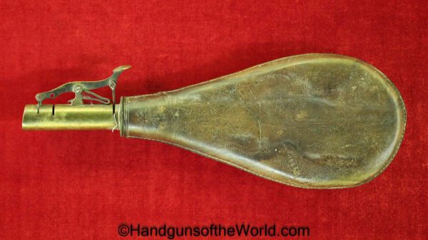 Powder Flask, smooth, brown, leather, brass measure, Brass, Original, Collectible, Period, Vintage, Real, Old, Powder, Flask, Blackpowder, Black Powder