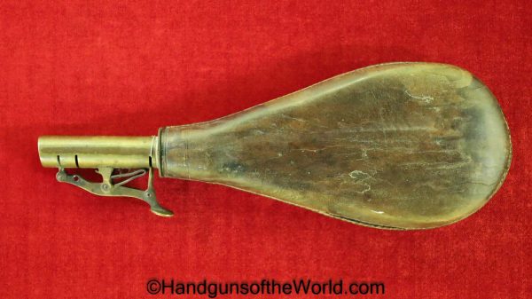 Powder Flask, smooth, brown, leather, brass measure, Brass, Original, Collectible, Period, Vintage, Real, Old, Powder, Flask, Blackpowder, Black Powder