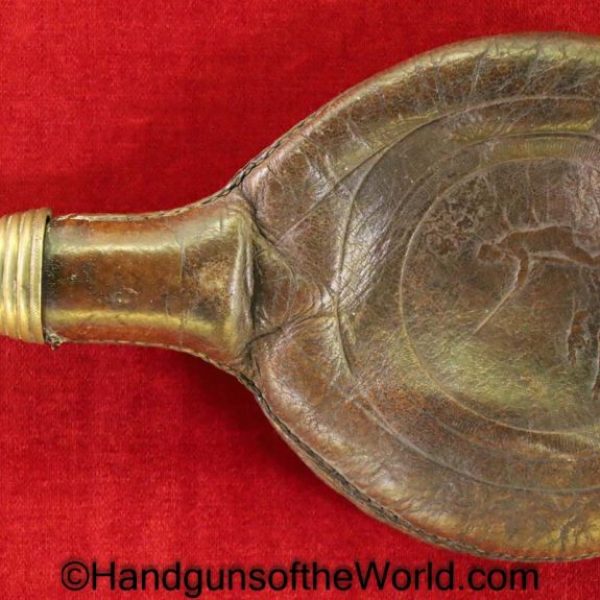 Powder Flask, Vintage, Round, brown, leather, unmarked, brass measure, Powder, Flask, Original, Collectible, Period, Old, Real, embossed, hunting scene