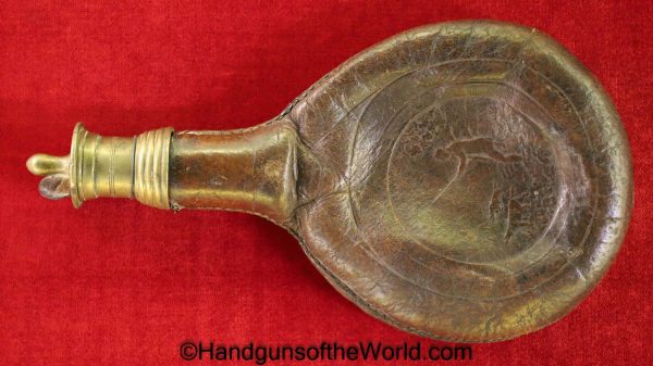 Powder Flask, Vintage, Round, brown, leather, unmarked, brass measure, Powder, Flask, Original, Collectible, Period, Old, Real, embossed, hunting scene