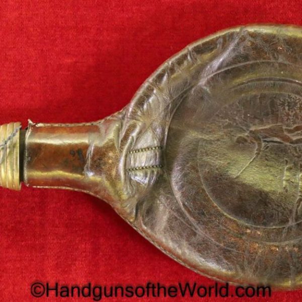Powder Flask, Vintage, Round, brown, leather, unmarked, brass measure, Powder, Flask, Original, Collectible, Period, Old, Real, embossed, hunting scene